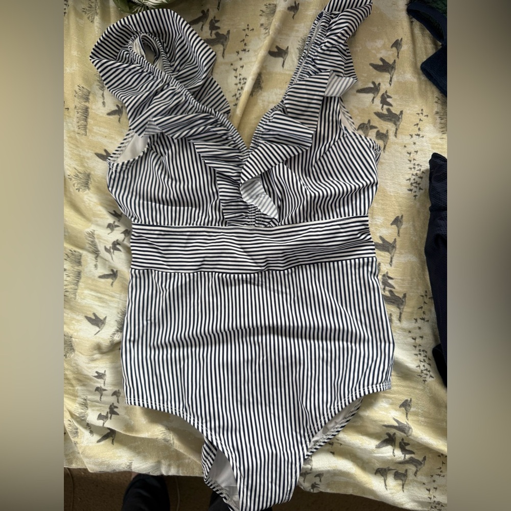 AAVA Striped navy and White womens One Piece, size Large